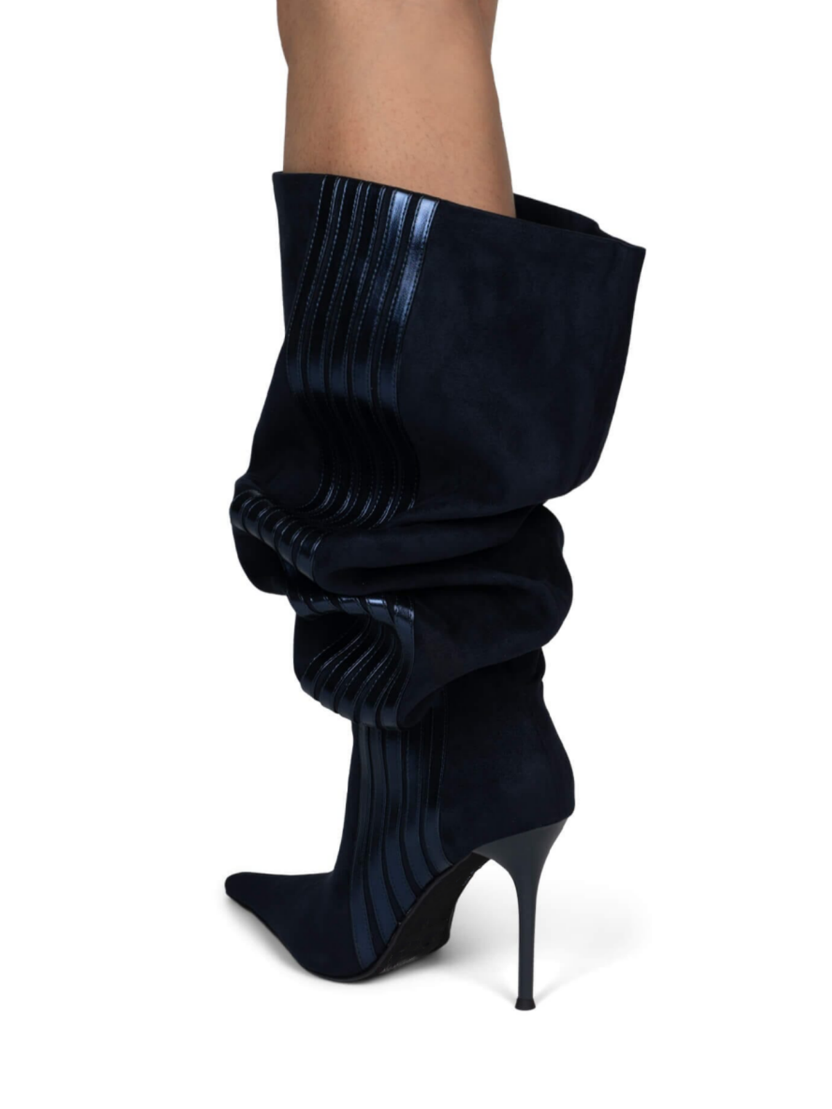 Navy Blue Pointed-Toe Slouchy Wide Calf Over-The-Knee Stiletto Boots With Metallic Stripe