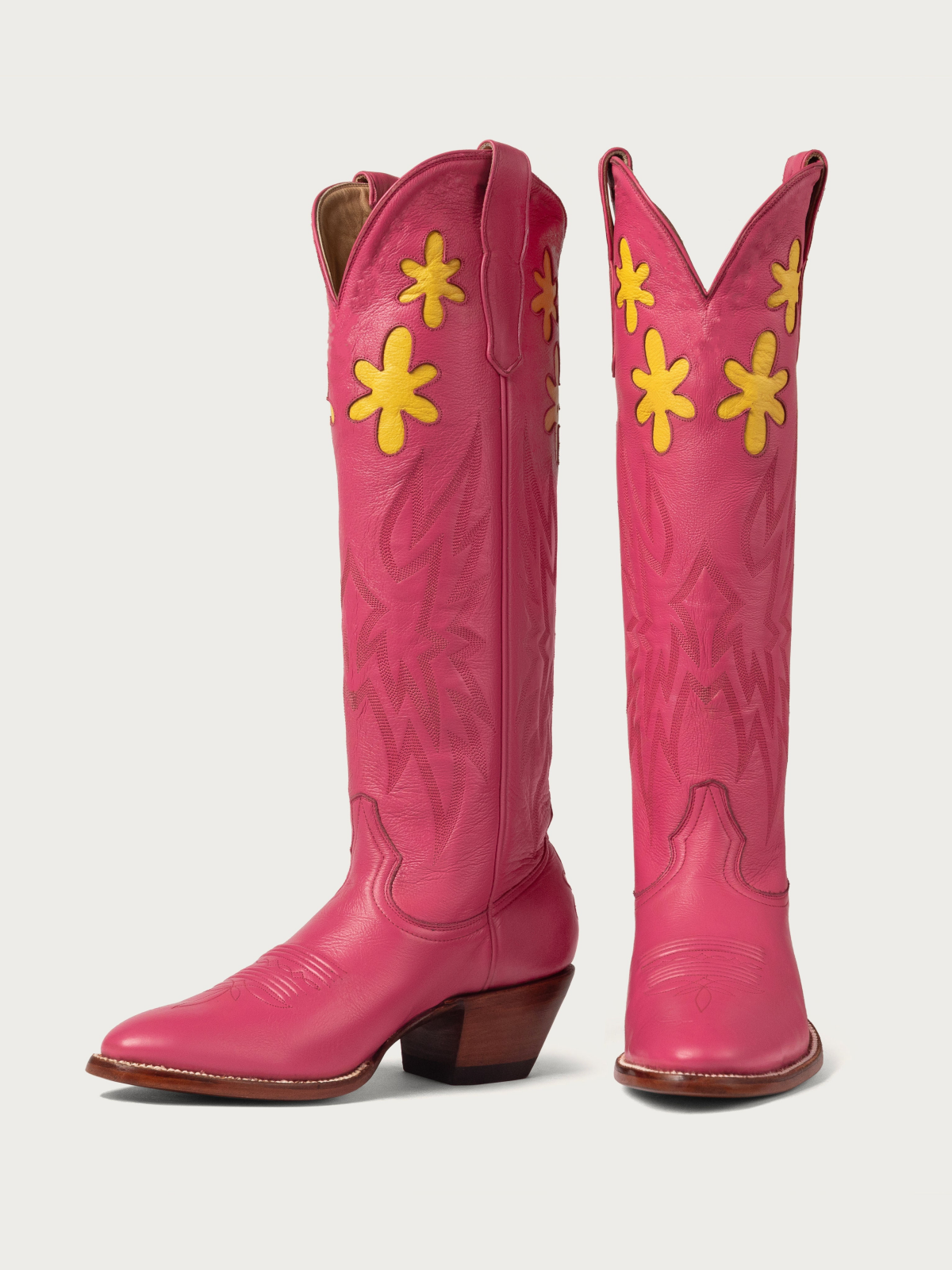 Yellow Floral Inlay Embroidered Wide Calf Cowgirl Tall Boots In Cranberry Pink