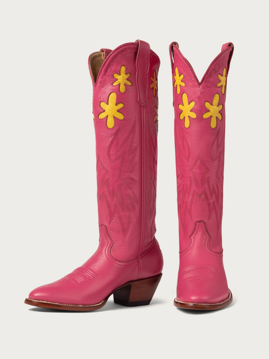 Yellow Floral Inlay Embroidered Wide Calf Cowgirl Tall Boots In Cranberry Pink