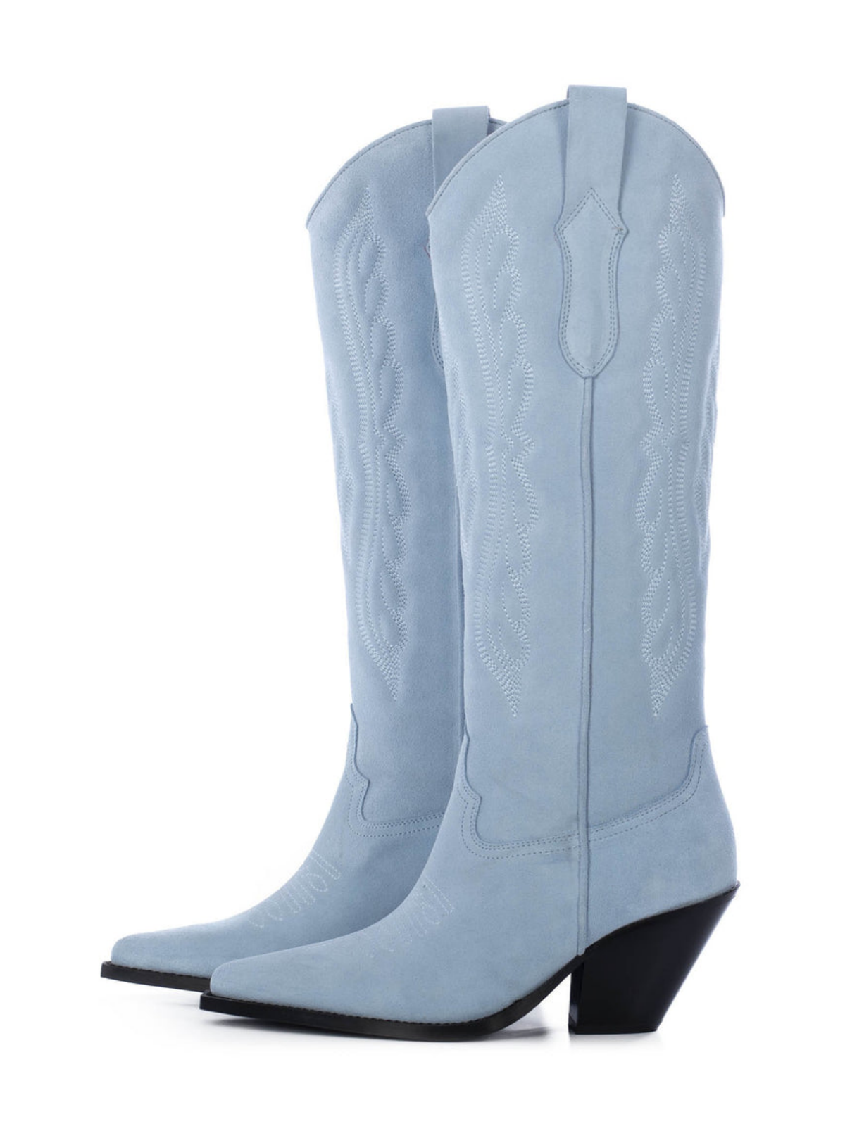 Wing Embroidery Faux Suede Pointed-Toe Wide Calf Tall Knee High Cowgirl Boots - Sky Blue