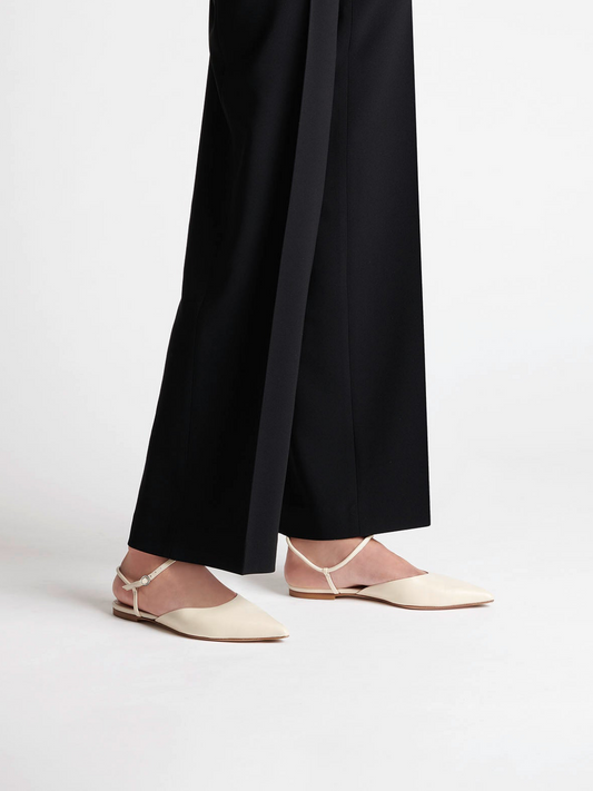 Cream Pointed-Toe Vegan Leather Flats With Ankle Strap