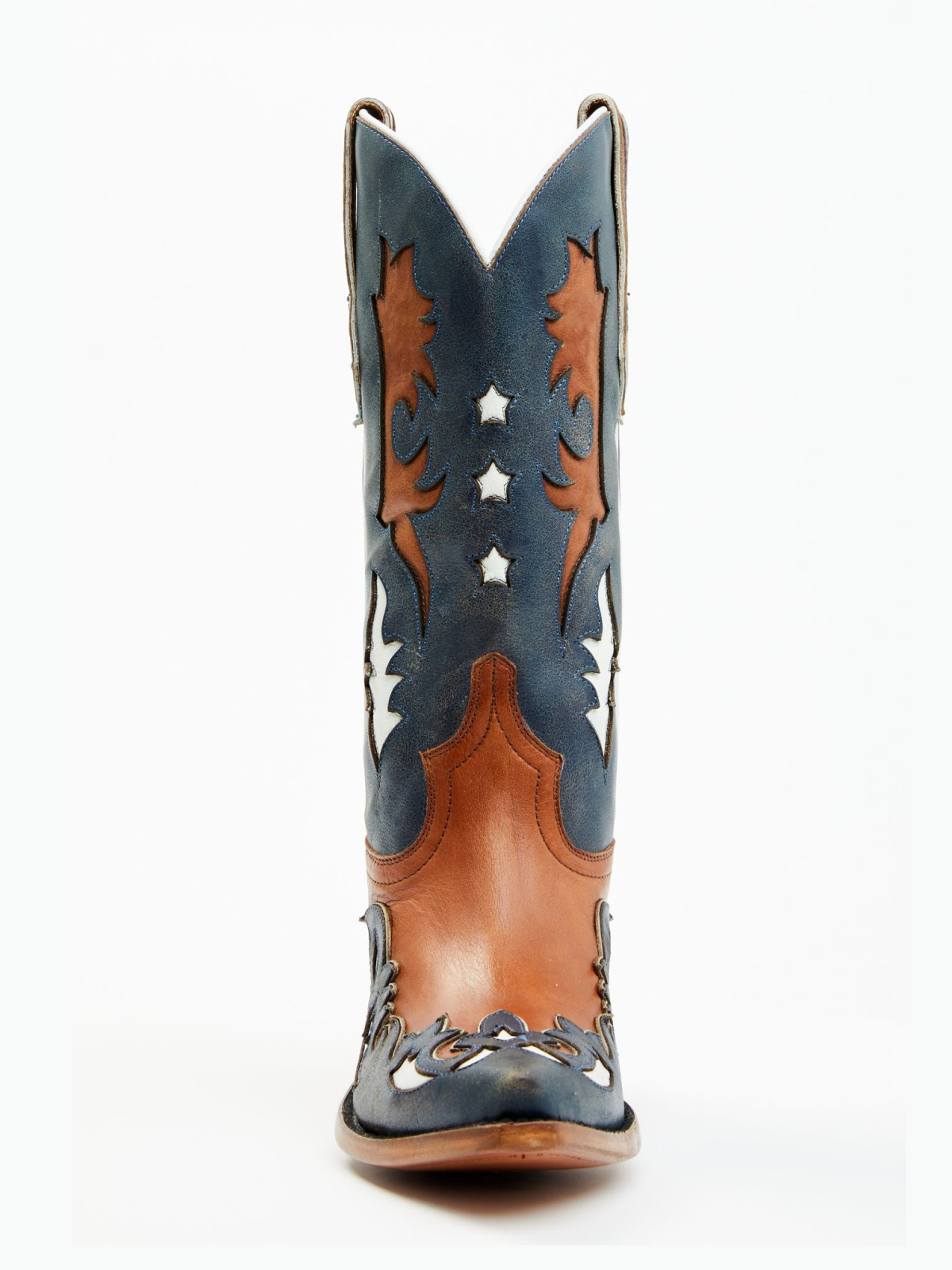 Contrast Brown And Blue Snip-Toe Star Inlay Toebox Applique Wide Mid Calf Tall Cowgirl Boots