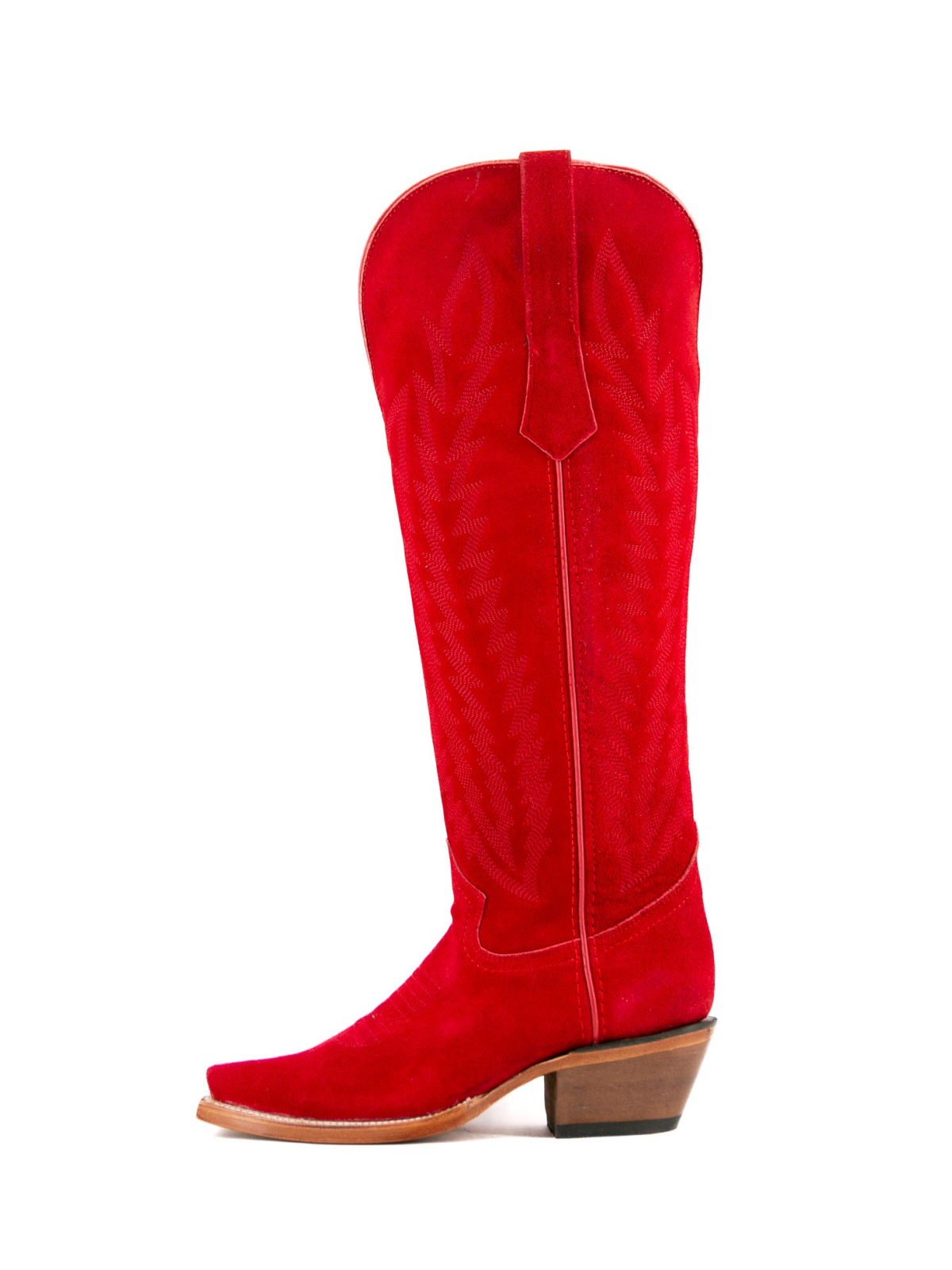 Red Faux Suede Snip-Toe Half-Zip Embroidery Knee High Cowgirl Boots