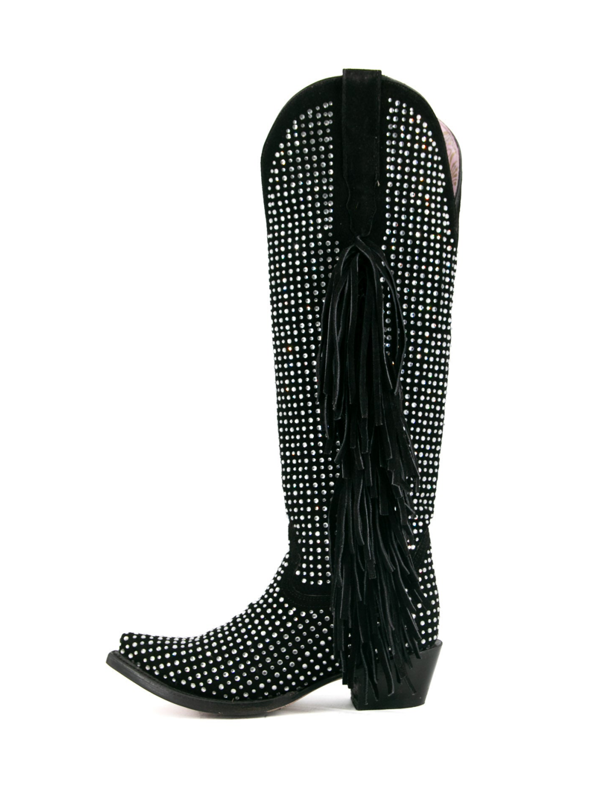 Black Faux Suede Snip-Toe Half-Zip Fringe Rhinestone Knee High Tall Cowgirl Boots