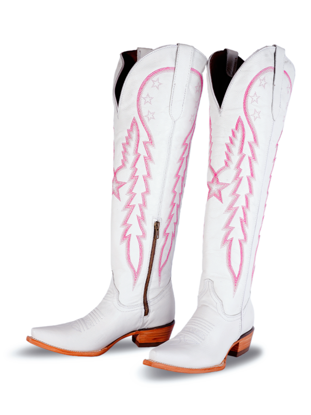 White Snip-Toe Pink Star Embroidery Half-Zip Tall Knee High Cowgirl Boots