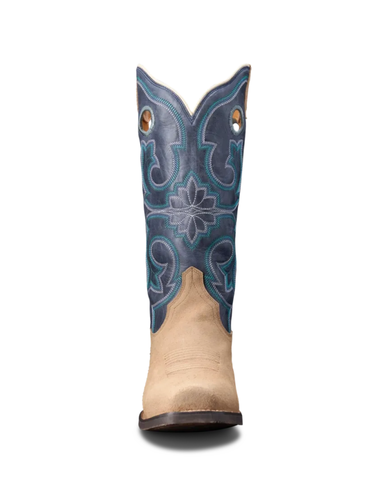 Contrast Indigo And Tan Faux Suede Square-Toe Embroidery Cutout Wide Mid Calf Cowgirl Boots