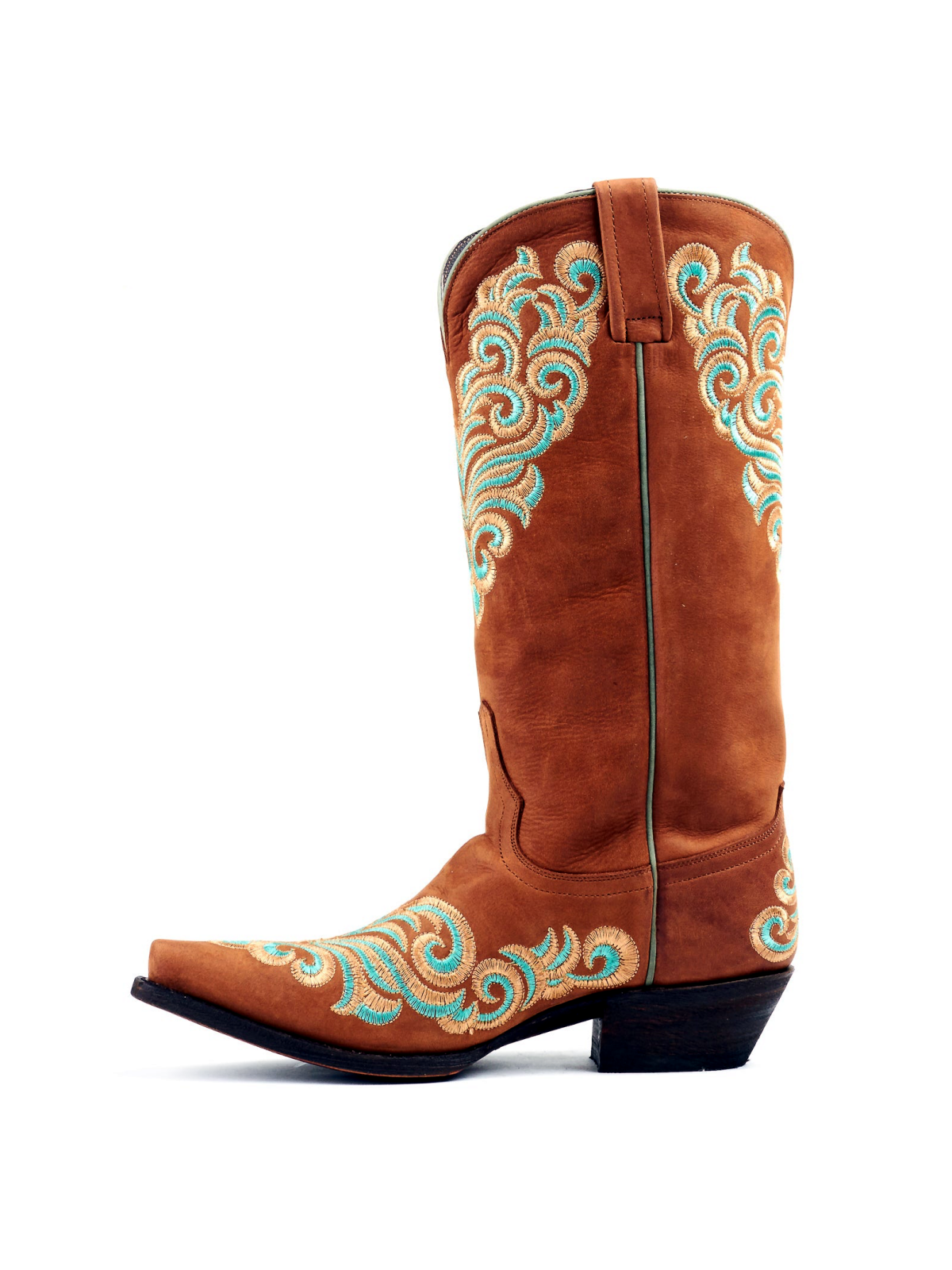 Brown Snip-Toe Colorful Filigree Embroidery Wide Mid Calf Cowgirl Boots