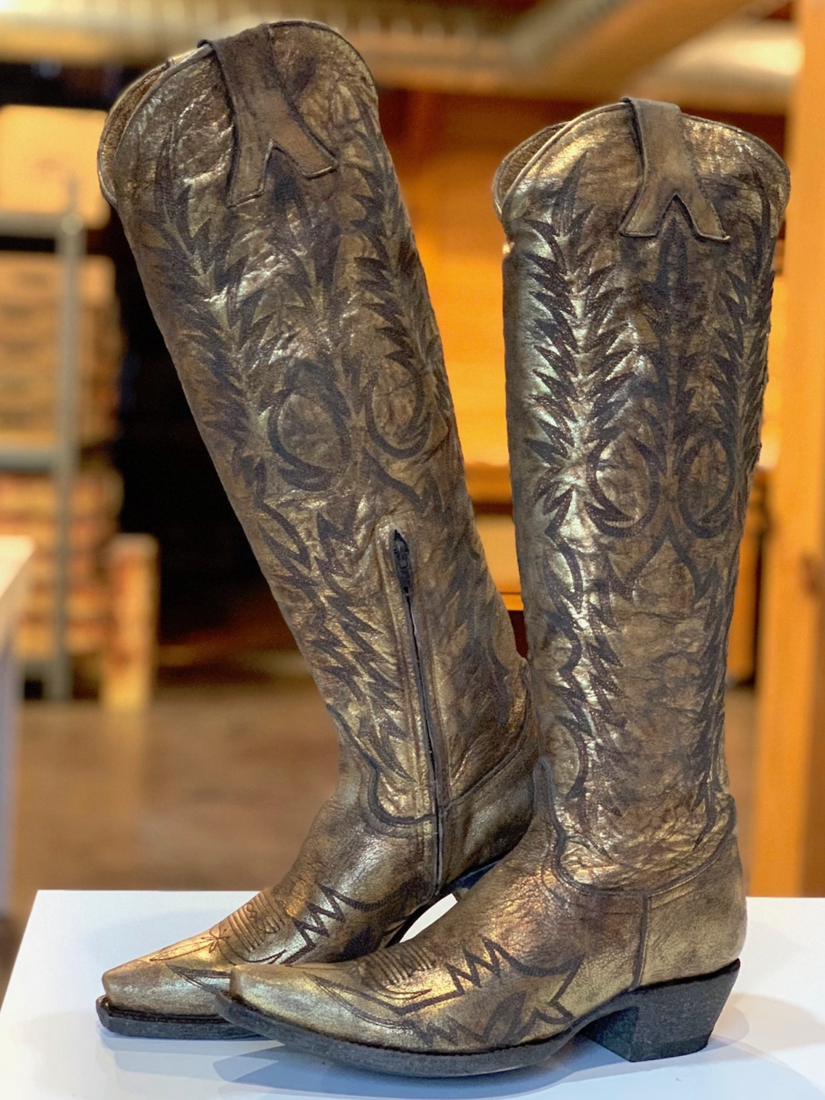 Distressed Metallic Gold Snip-Toe Half-Zip Embroidery Knee High Tall Cowgirl Boots