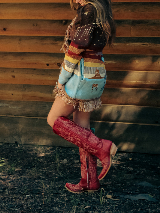 Red Embroidery Half-Zip Snip-Toe Cowgirl Boots Knee High Tall Boots