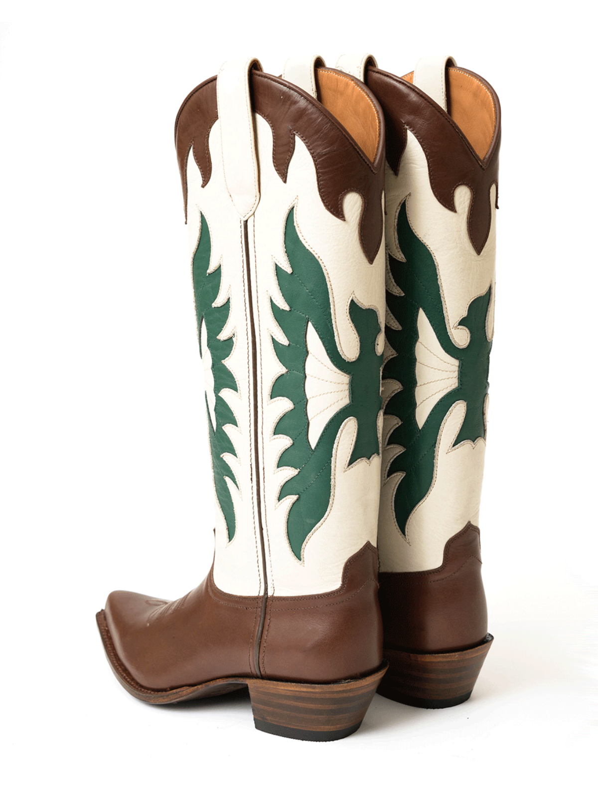 Contrast Brown And Ivory Snip-Toe Eagle Inlay Wide Mid Calf Tall Cowgirl Boots