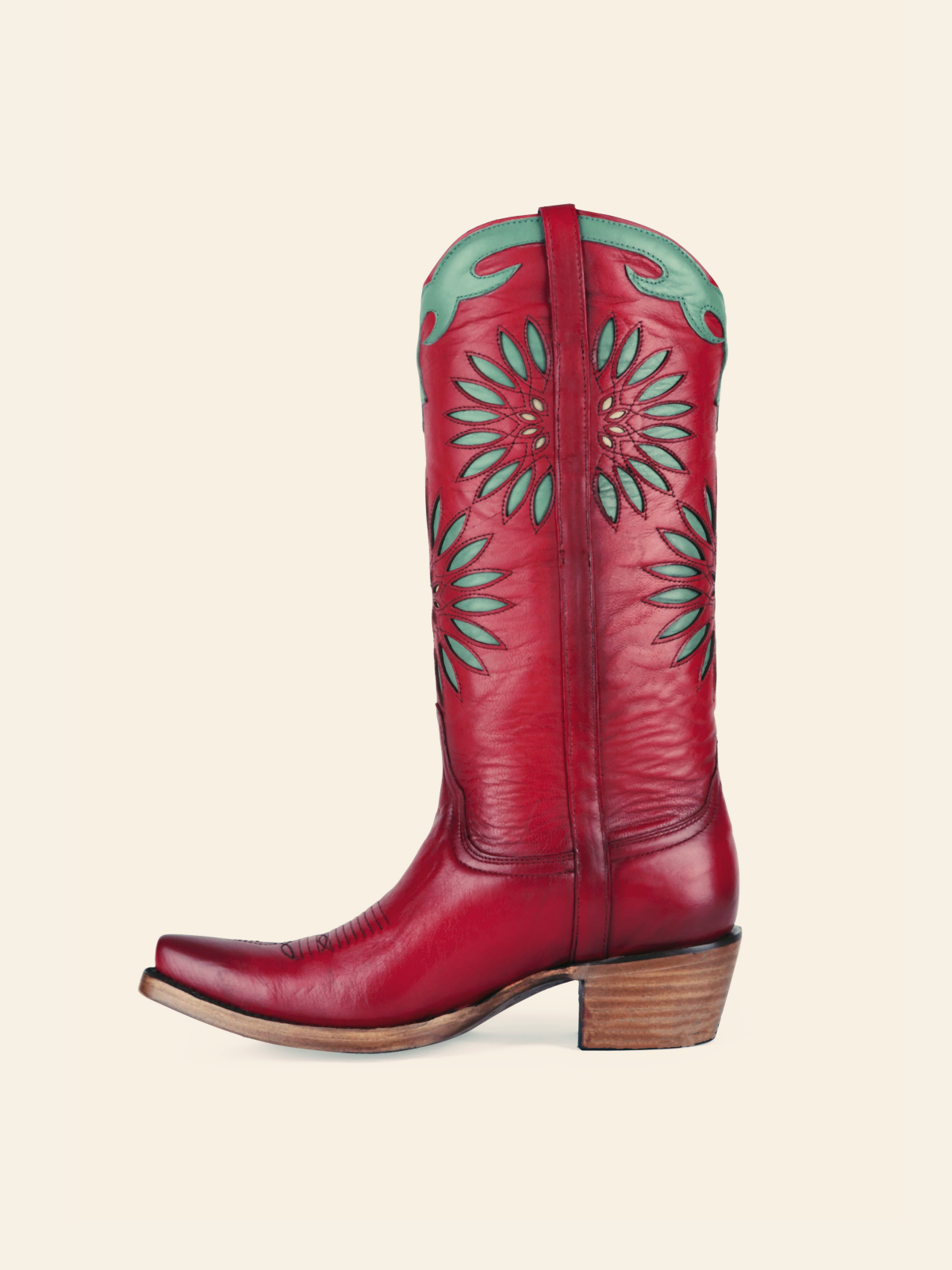 Retro Red Snip-Toe Stitch Mid Calf Western Boots With Green Applique Flower Inlay