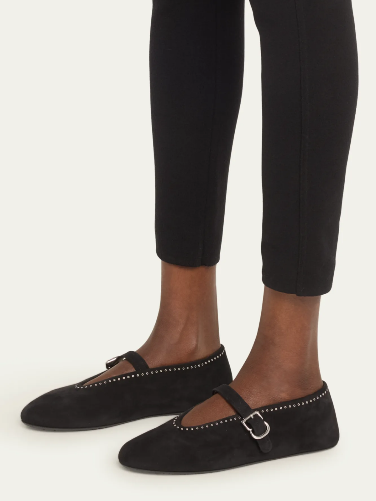 Black Faux Suede Eyelet Ballet Flats Mary Janes With Buckled Strap