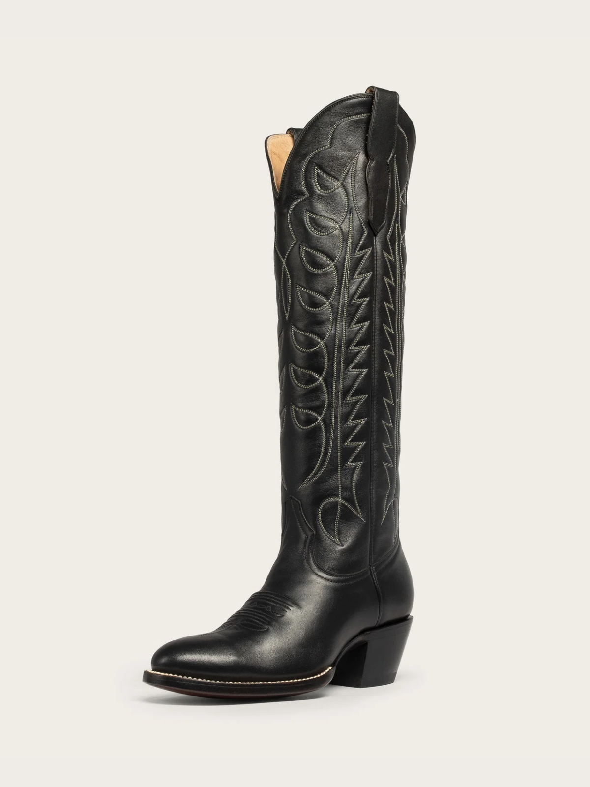 Black Embroidery Almond-Toe Wide Mid Calf Tall Cowboy Boots For Women