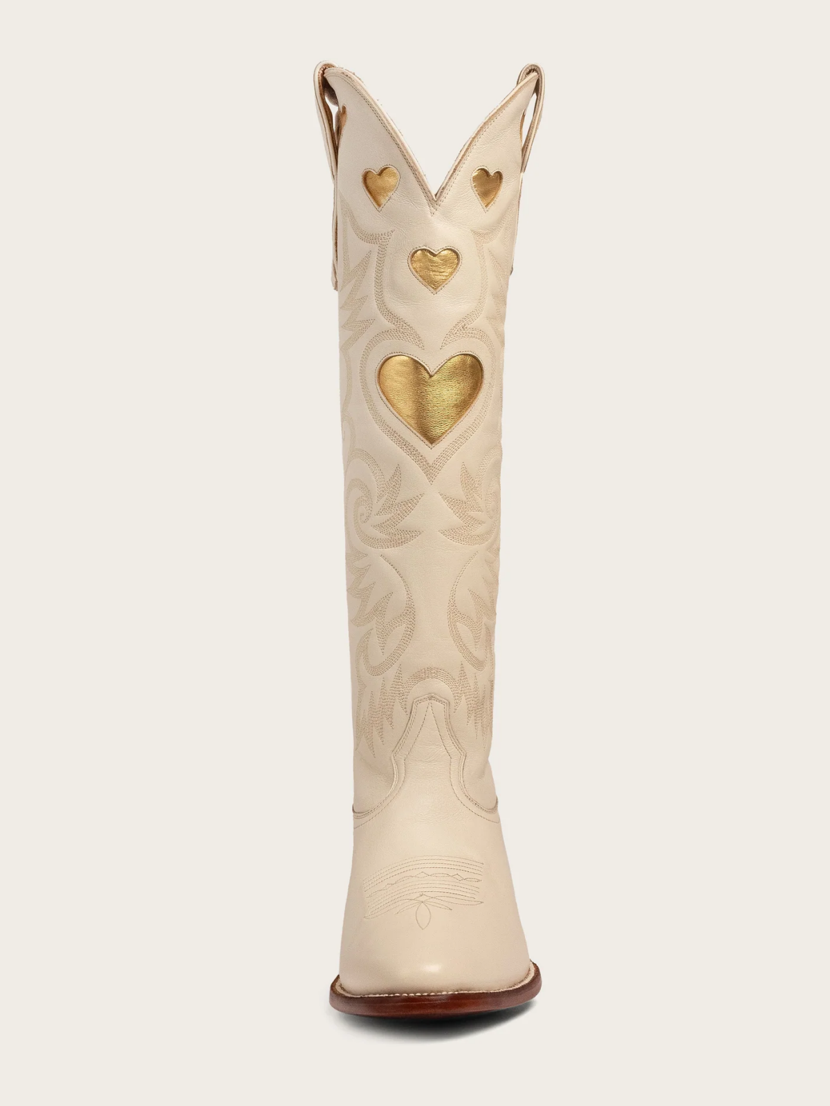 Metallic Gold Heart Inlay Embroidery Almond-Toe Tall Wide Mid Calf Cowgirl Boots - Bone