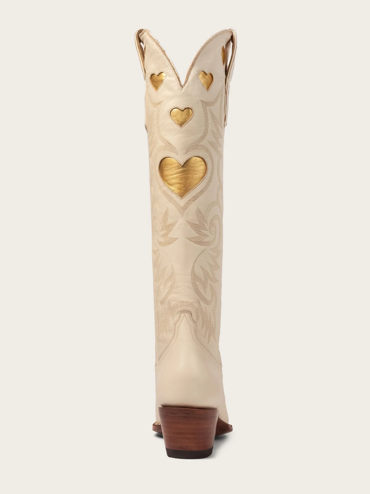 Metallic Gold Heart Inlay Embroidery Almond-Toe Tall Wide Mid Calf Cowgirl Boots - Bone