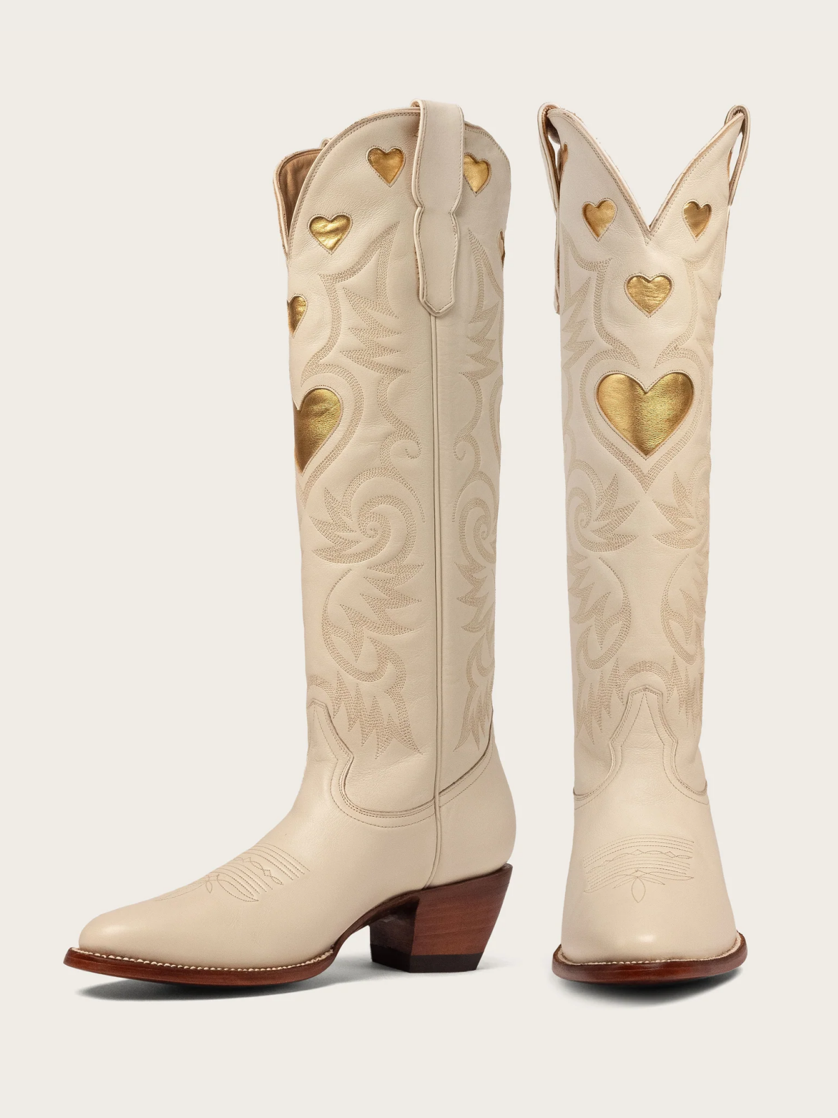 Metallic Gold Heart Inlay Embroidery Almond-Toe Tall Wide Mid Calf Cowgirl Boots - Bone