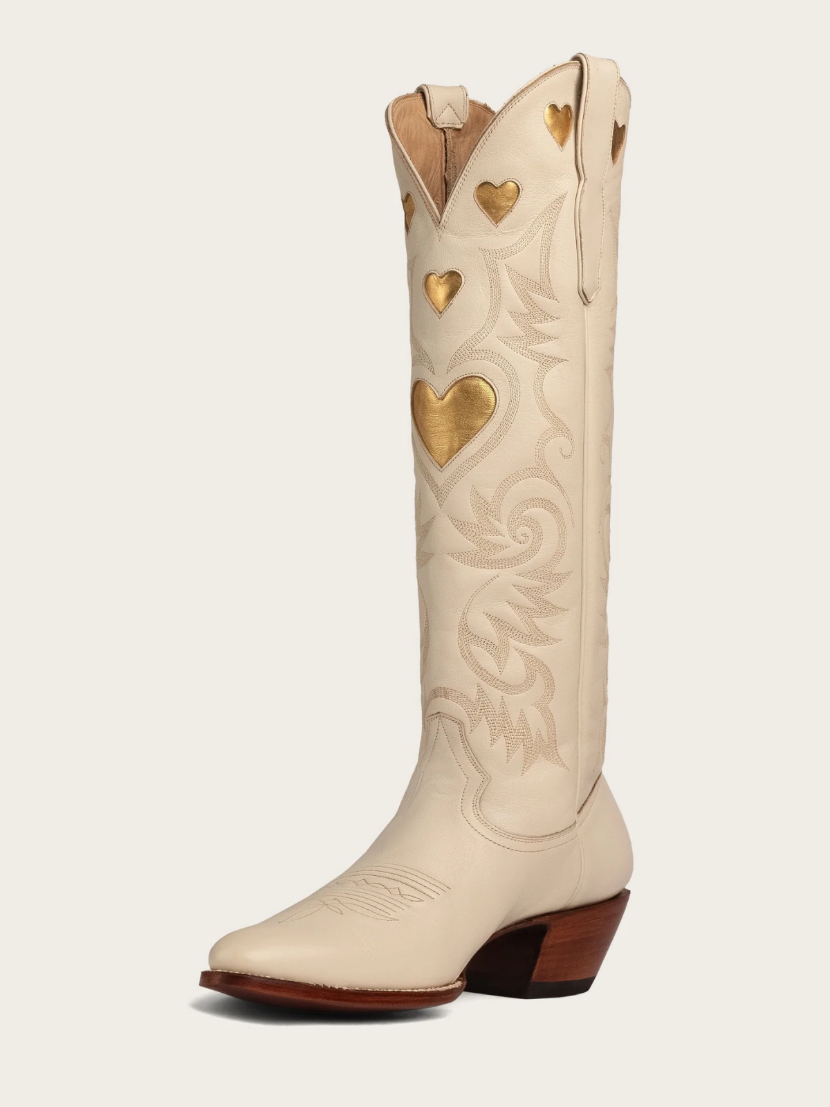 Metallic Gold Heart Inlay Embroidery Almond-Toe Tall Wide Mid Calf Cowgirl Boots - Bone