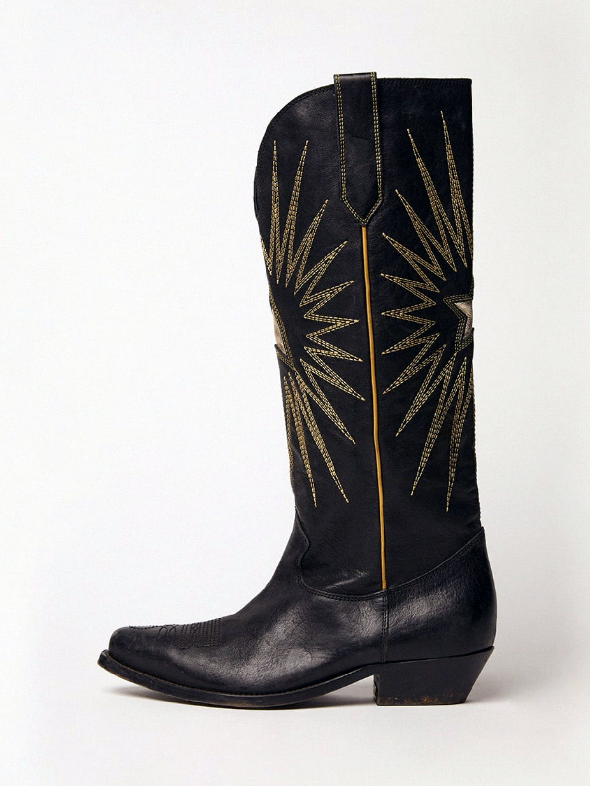 Black Snip-Toe Platinum Star Burst Inlay Embroidery Wide Calf Tall Knee High Cowgirl Boots