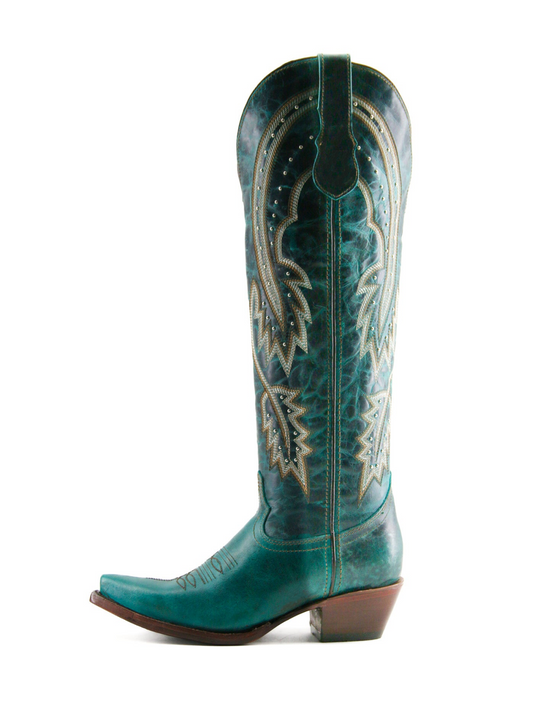 Distressed Green Snip-Toe Studded Half-Zip Tall Knee High Cowgirl Boots