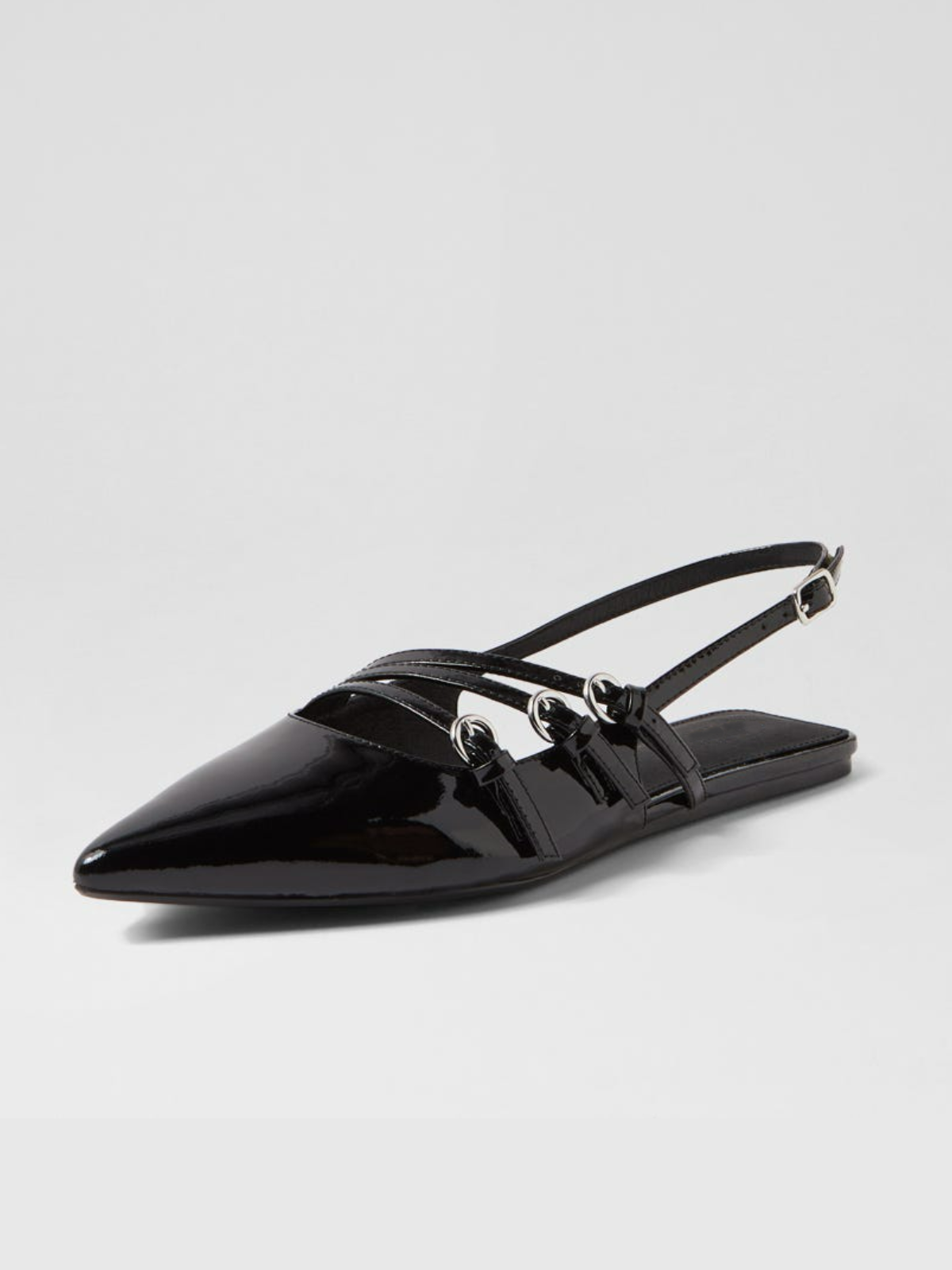 Black Patent Pointed-Toe Flats With Buckled Slingback