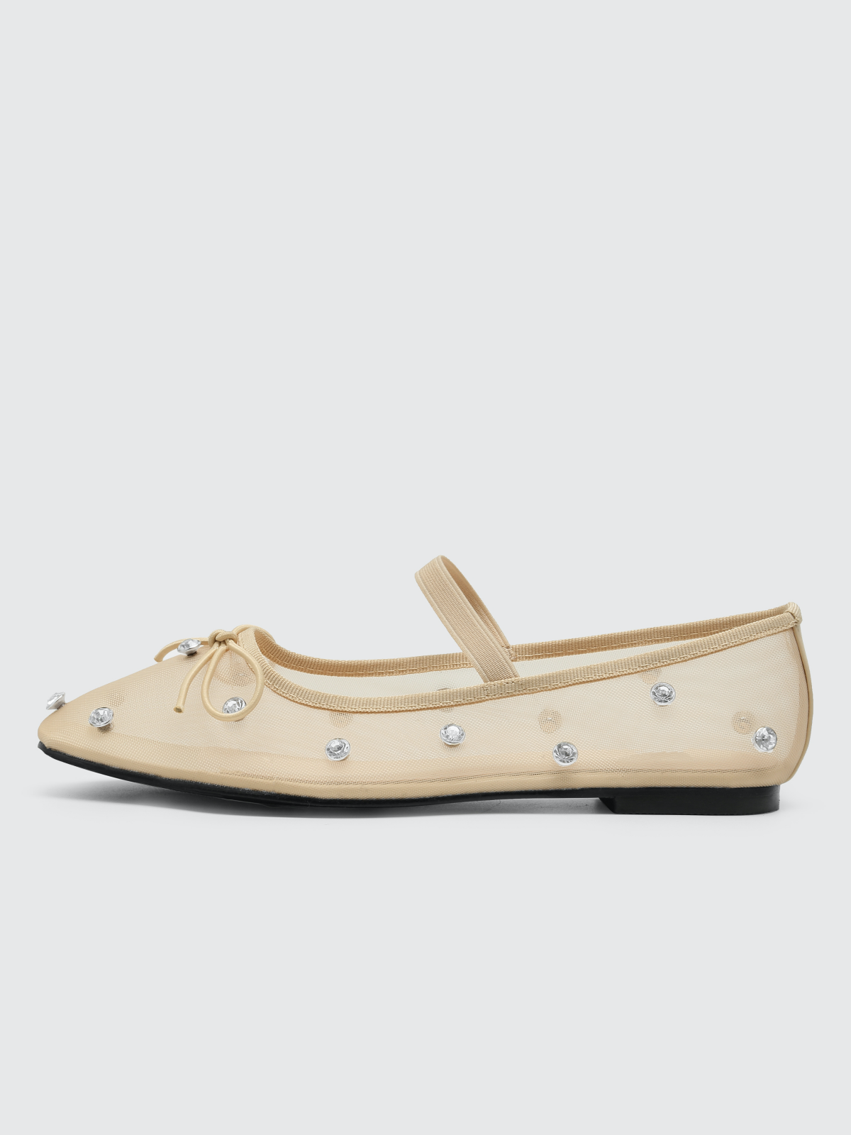 Beige Mesh Rhinestone Bow Square-Toe Ballet Flats Mary Janes