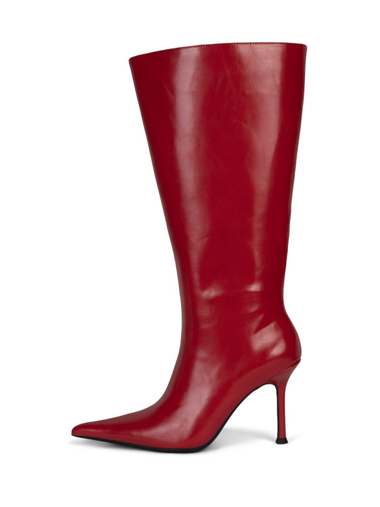 Red Pointed-Toe Mid Calf Full-Zip Stiletto Boots With Wide Shaft