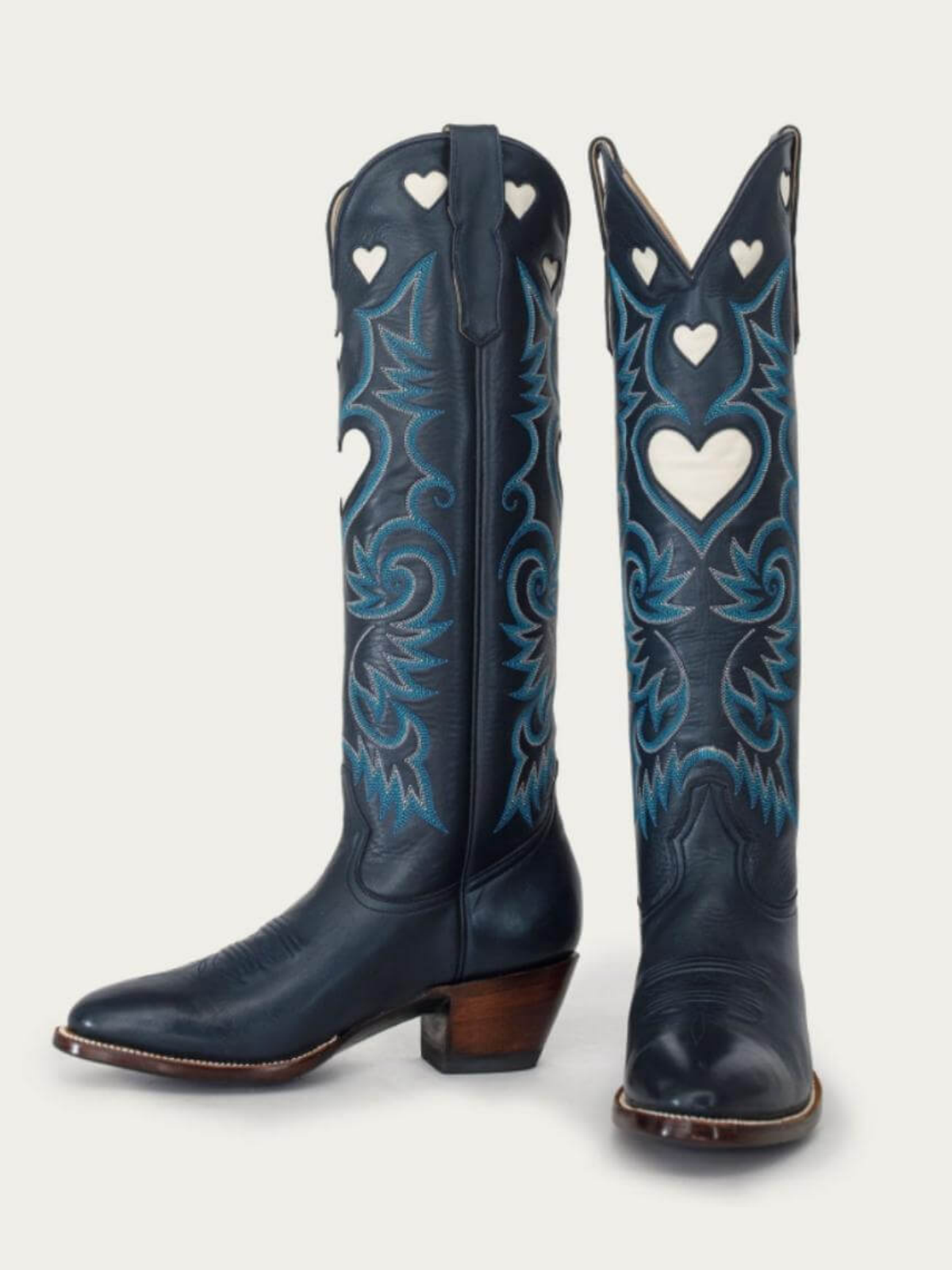 Ivory Heart Inlay Embroidery Almond-Toe Tall Wide Mid Calf Cowgirl Boots - Navy Blue