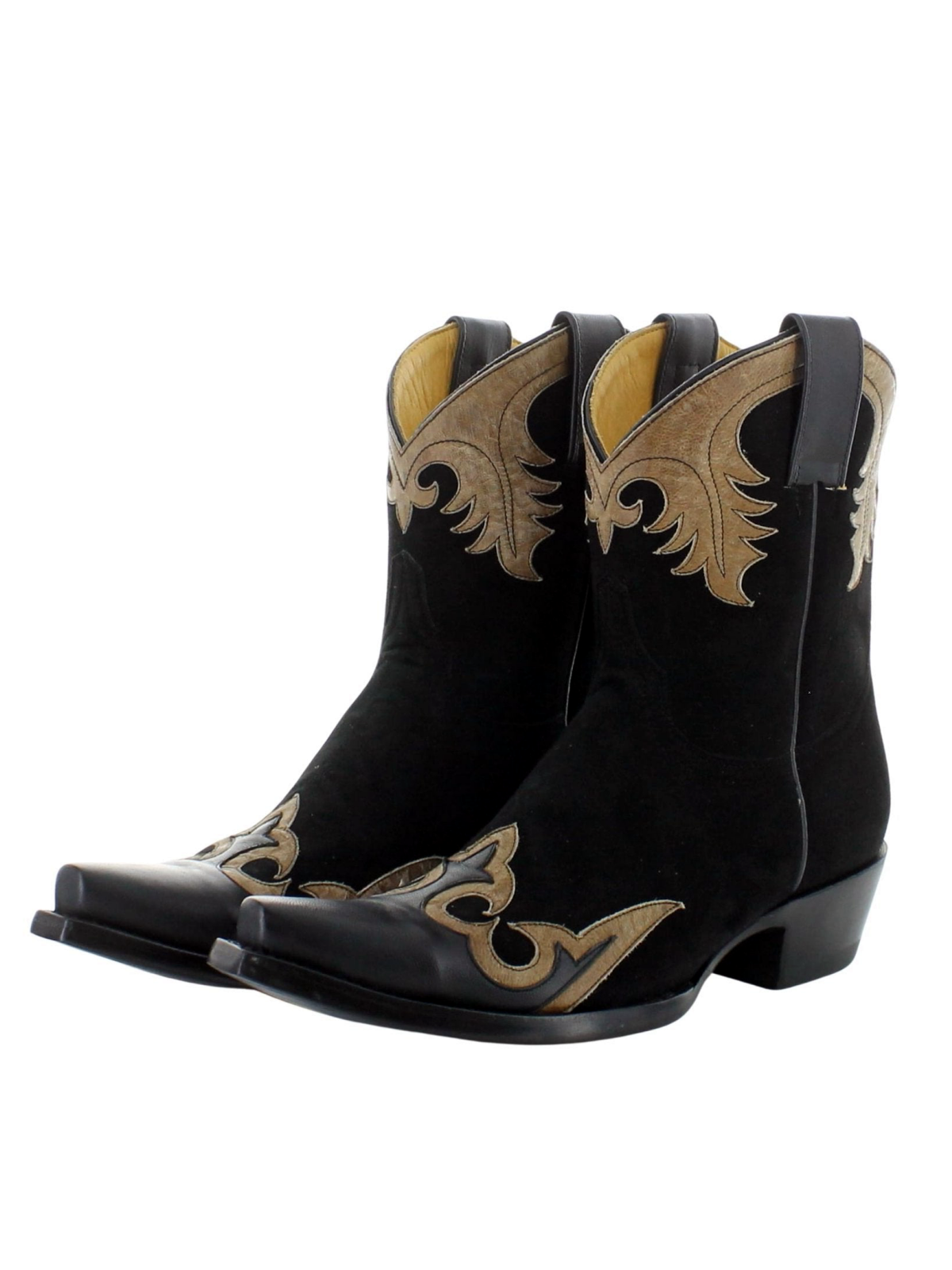 Black Faux Suede Snip-Toe Tan And Black Applique Wide Mid Calf Cowgirl Boots