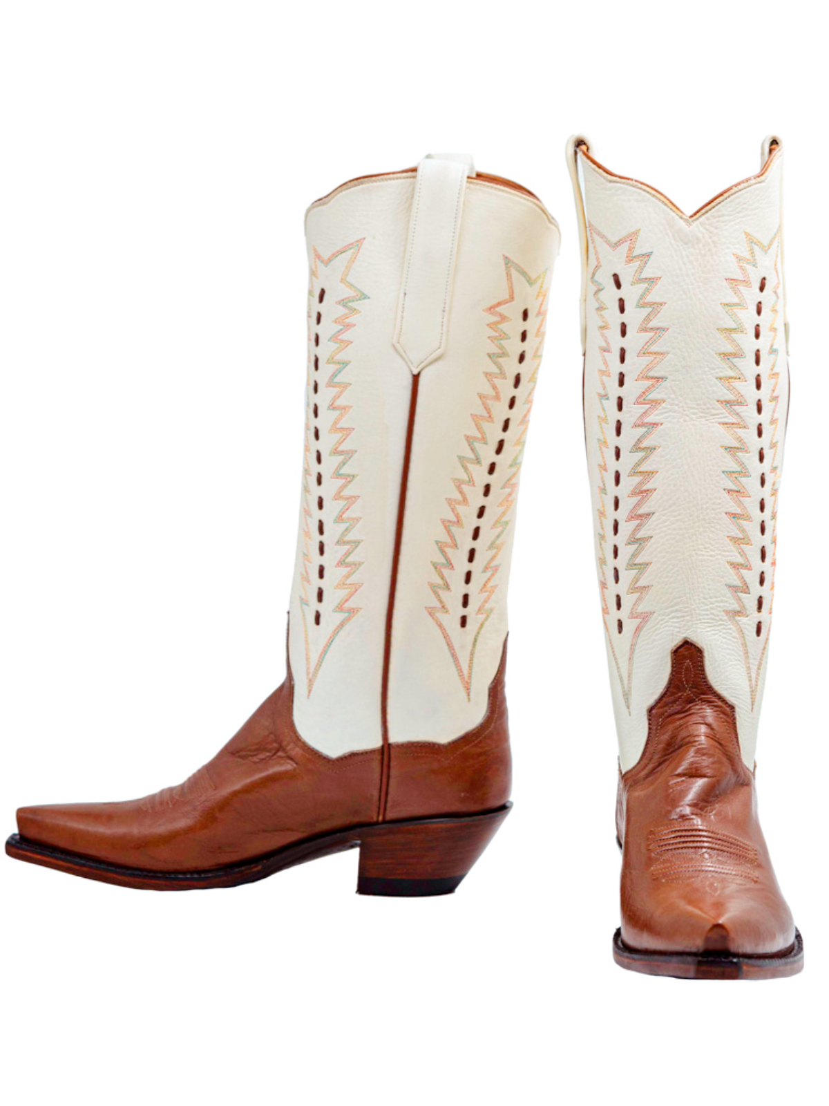 Contrast Cream And Cognac Snip-Toe Embroidery Running Stitch Wide Mid Calf Tall Cowgirl Boots