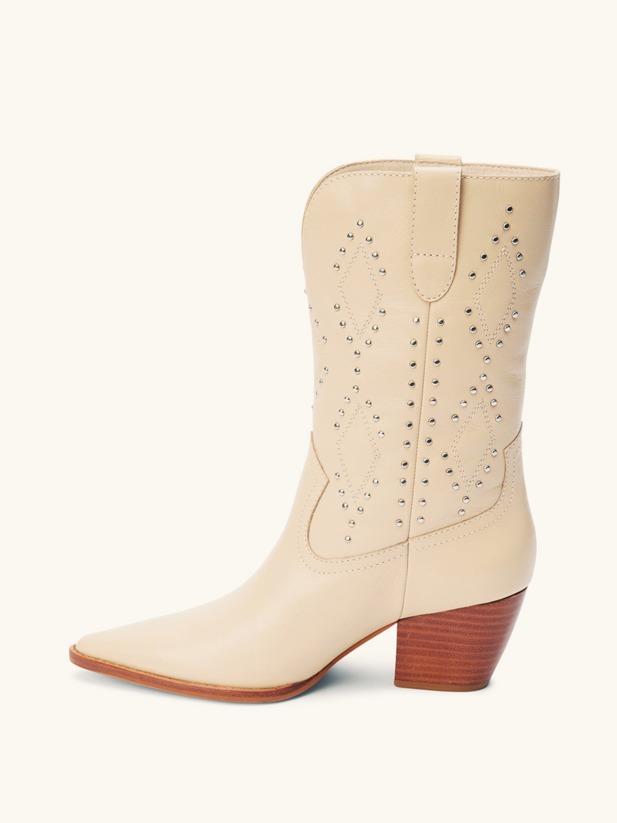 Ivory Stitch Studded Pointed-Toe Wide Mid Calf Western Boots Cowgirl Boots