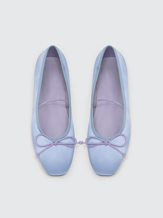 Women's Light Blue Satin Bow Ballet Flats Mary Janes With Square Toe