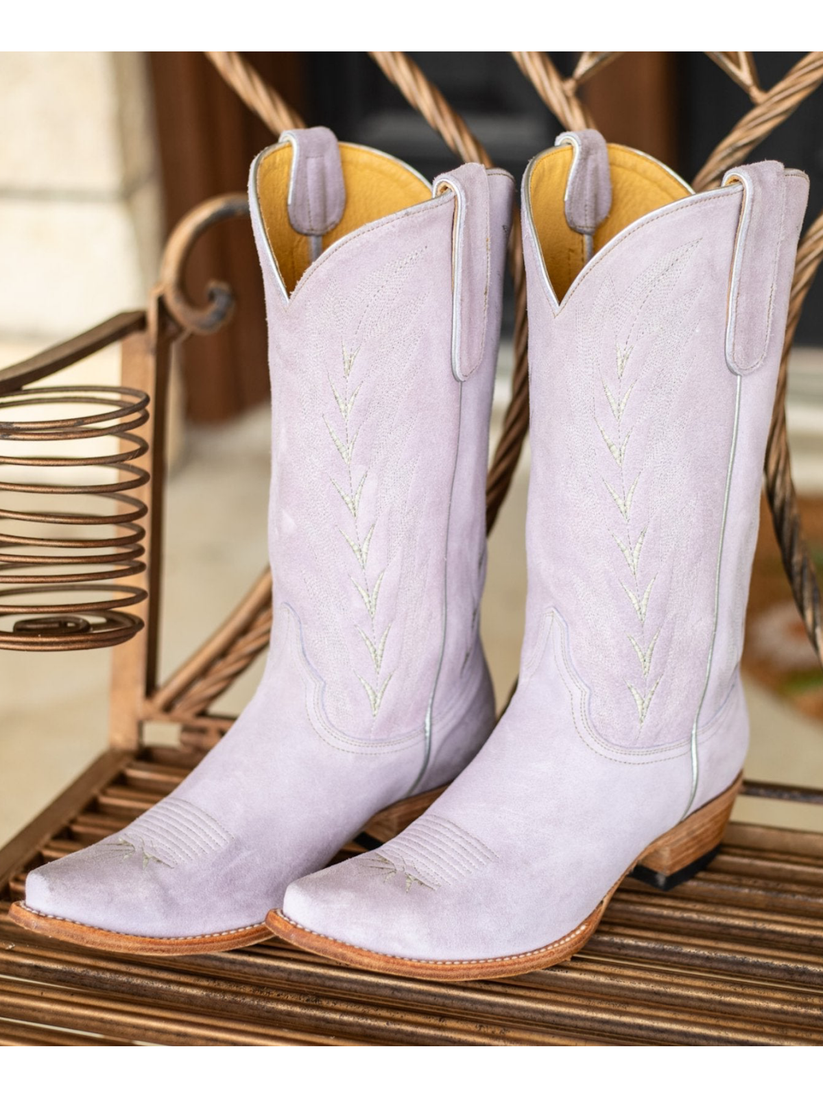 Lilac Purple Faux Suede Embroidery Snip-Toe Wide Mid Calf Tall Cowgirl Boots