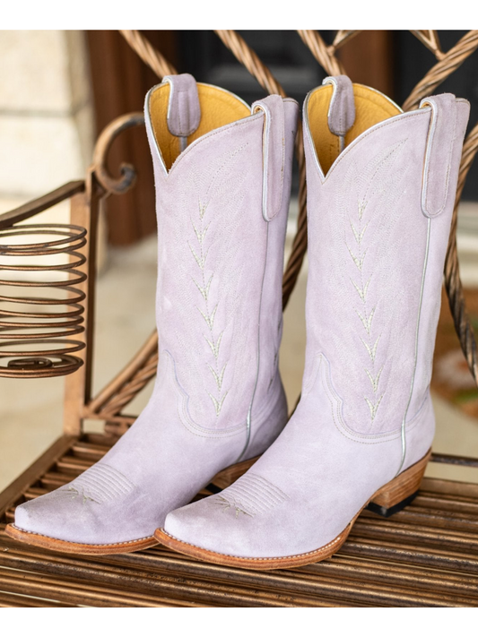 Lilac Purple Faux Suede Embroidery Snip-Toe Wide Mid Calf Tall Cowgirl Boots