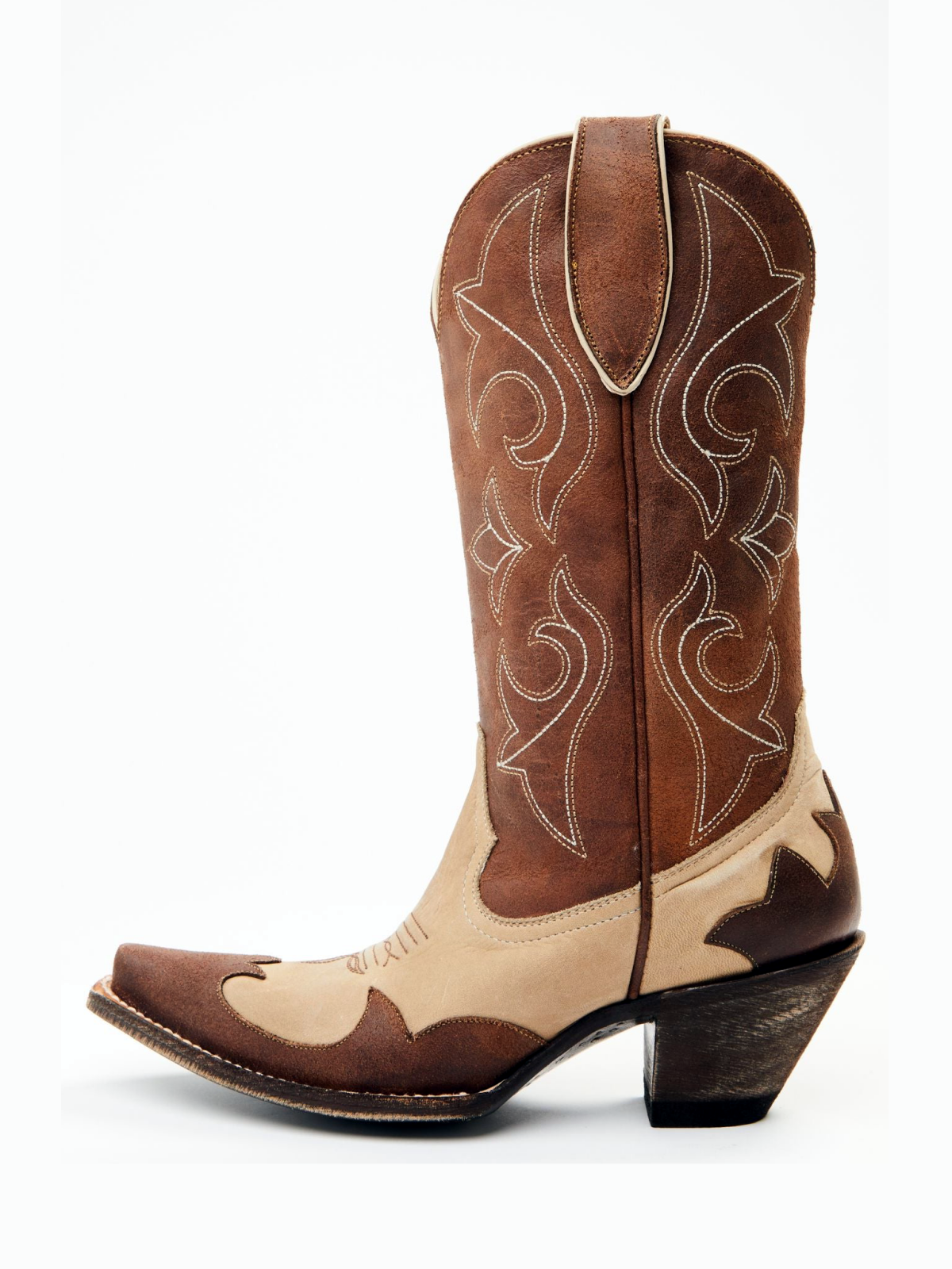 Contrast Brown And Tan Snip-Toe Embroidery Applique Wide Mid Calf Tall Cowgirl Boots