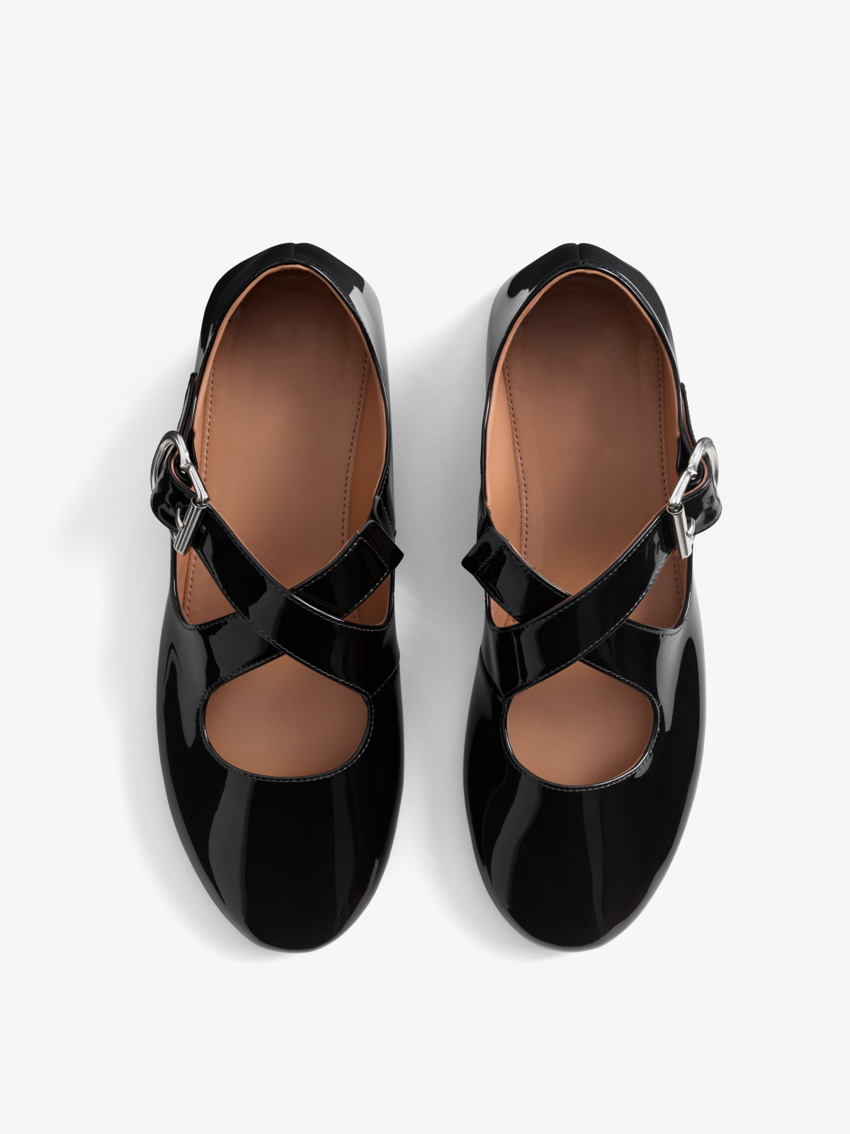 Black Patent Round-Toe Cross Buckle Straps Ballet Flats