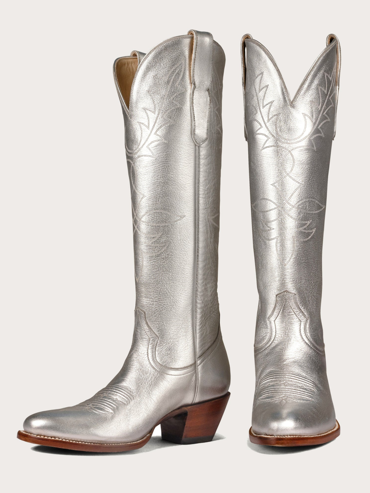 Metallic Silver Round-Toe Embroidery Wide Mid Calf Western Boots