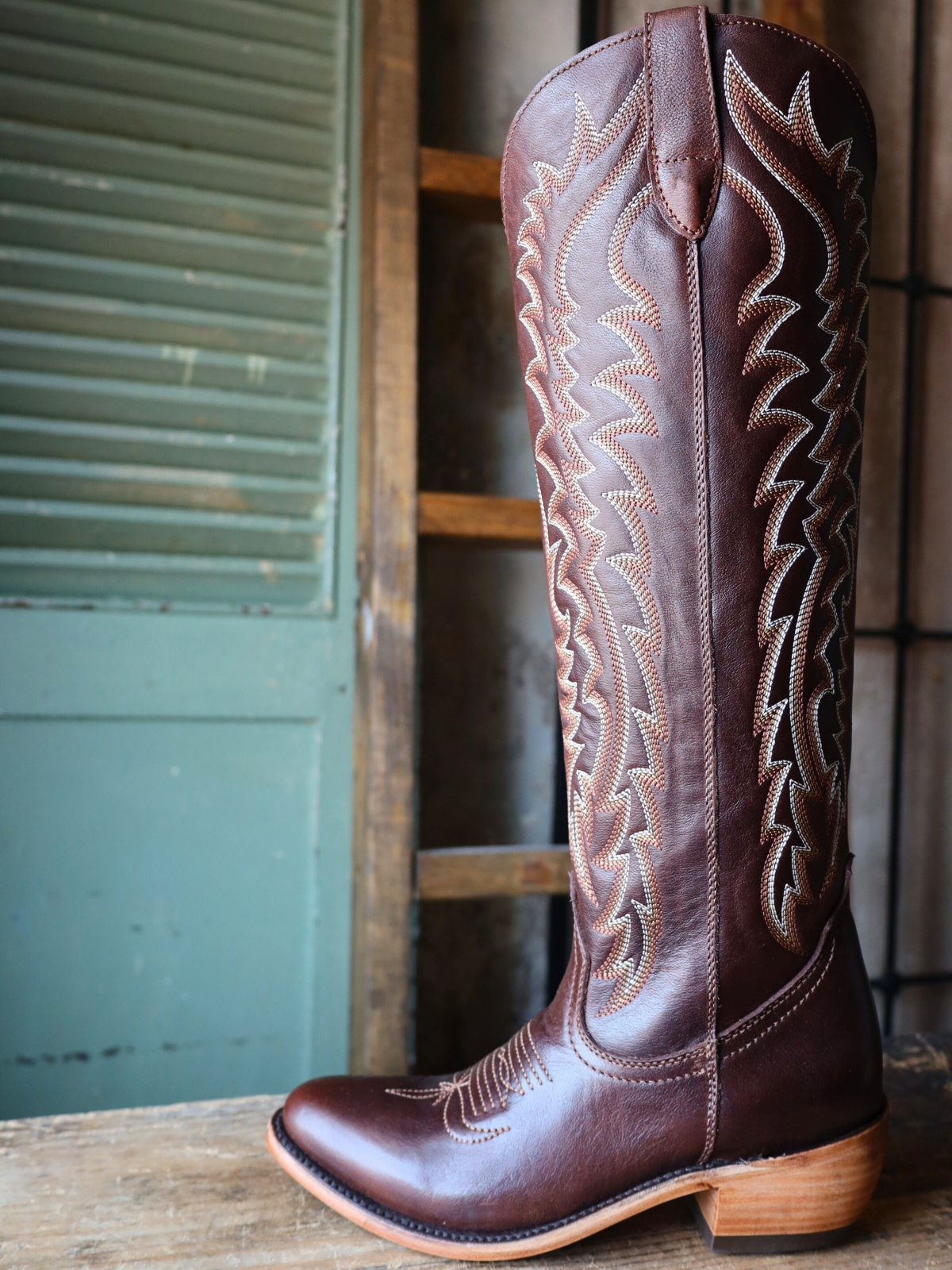 Full-Zip Almond-Toe Classic Embroidery Tall Knee High Cowgirl Boots - Chocolate