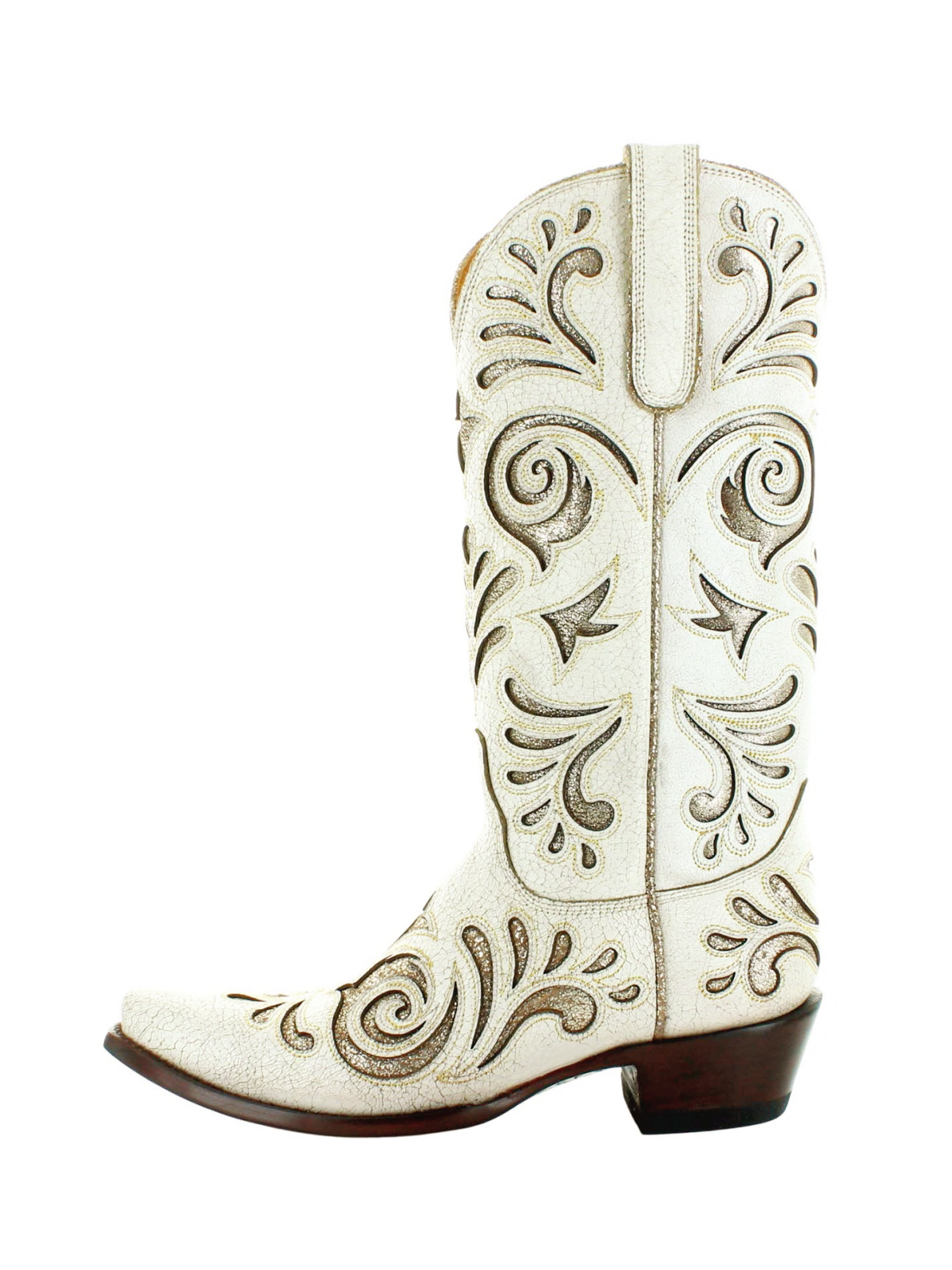 Distressed Bone Snip-Toe Inlay With Glitter Wide Mid Calf Cowgirl Boots