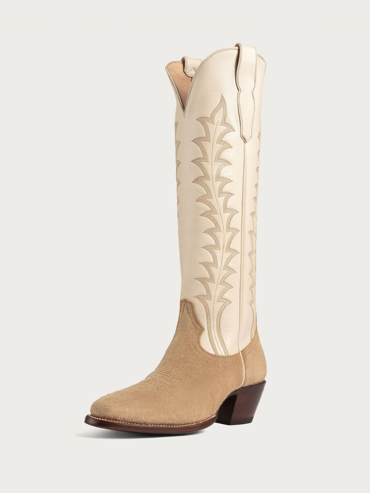 Contrast Tan Faux Suede And Bone Embroidery Almond-Toe Wide Mid Calf Tall Cowgirl Boots