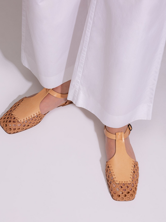 Light Brown Woven Hollow-Out Patchwork Square-Toe Flats T-Bar Sandals