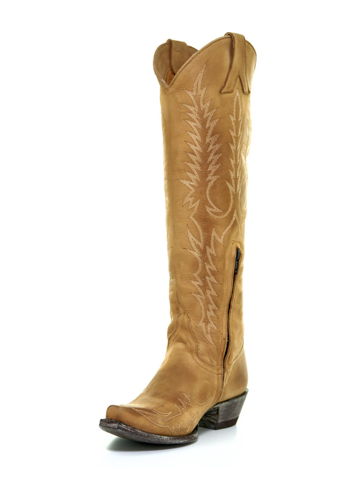 Tan Half-Zip Snip-Toe Embroidery Tall Knee High Cowgirl Boots