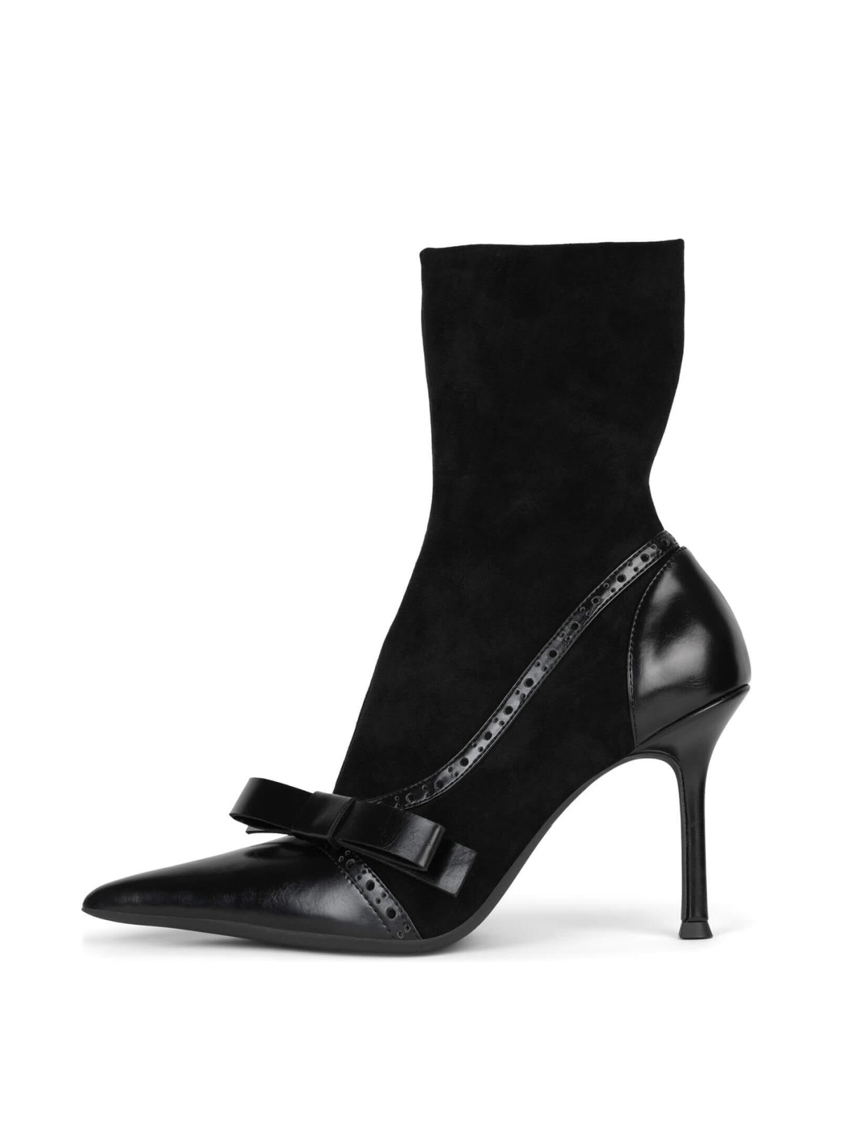 Black Pointed-Toe Full-Zip Mid Calf Stiletto Boots With Bow