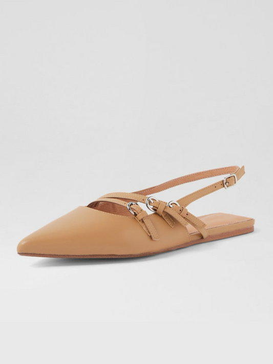 Camel Pointed-Toe Flats With Buckled Slingback