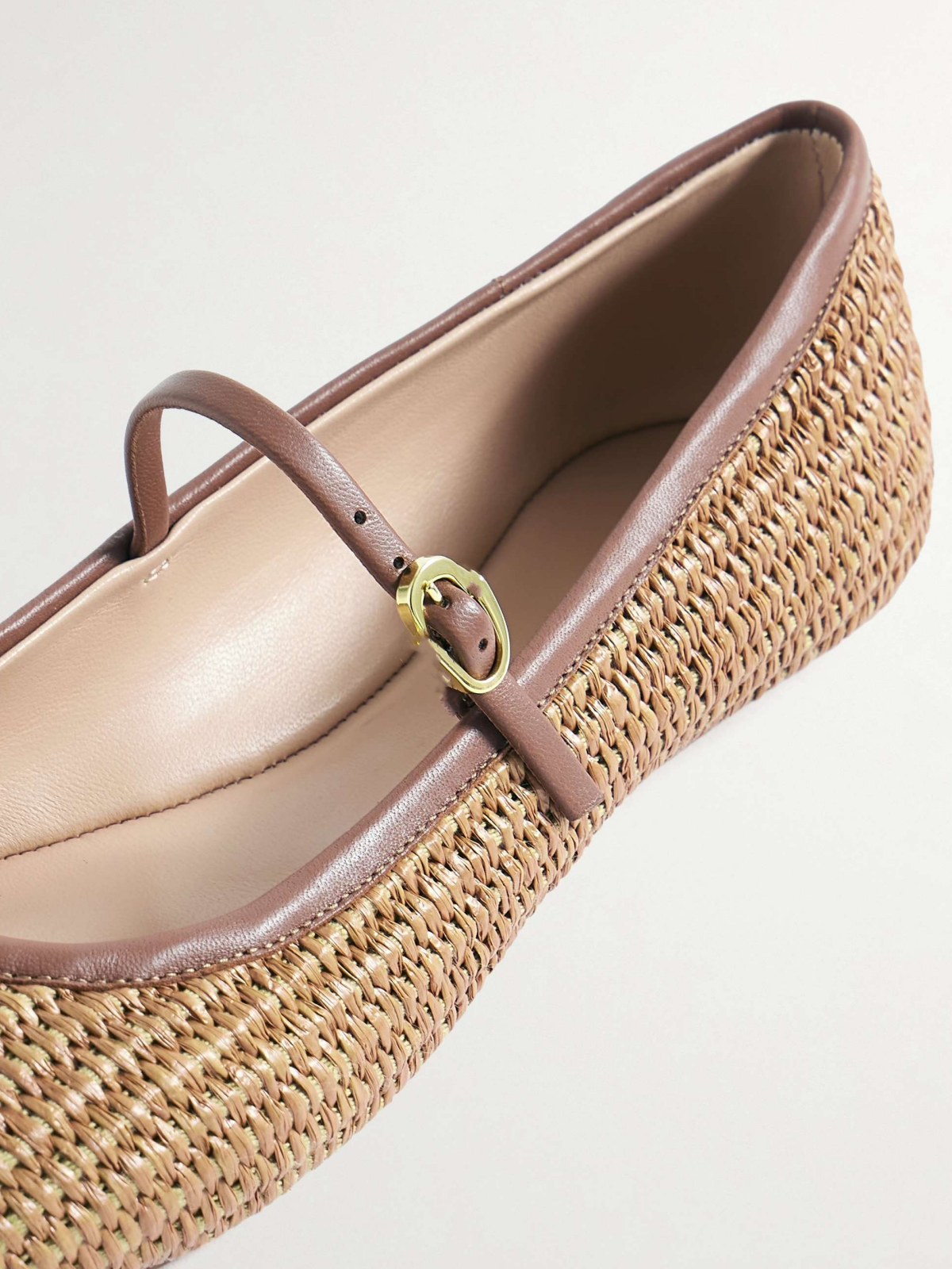 Tan Raffia Woven Ballet Flats Mary Janes With Buckled Strap