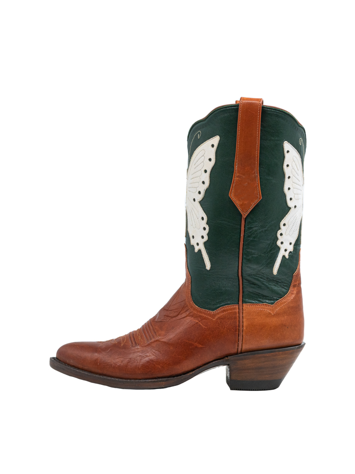 Contrast Brown And Green Pointed-Toe Wide Mid Calf Cowgirl Boots With White Butterfly Applique