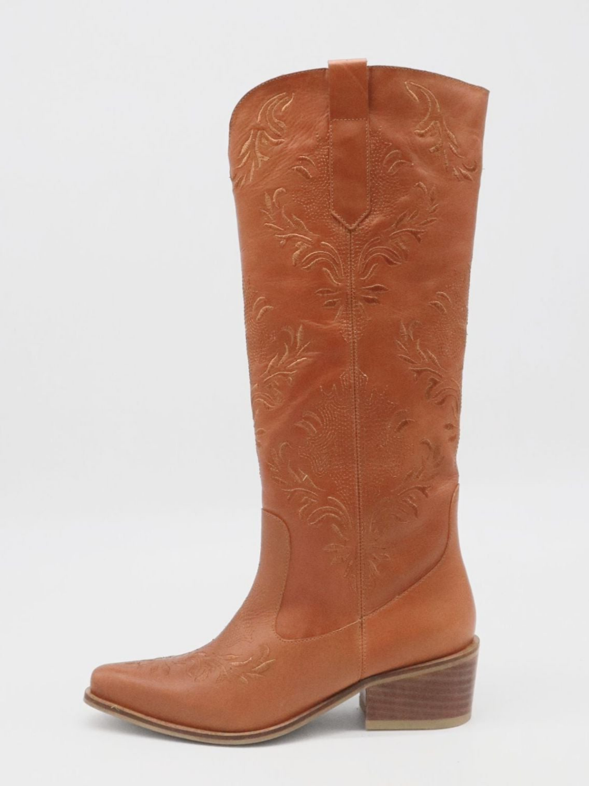 Tan Snip-Toe Filigree Embroidery Wide Mid Calf Tall Cowgirl Boots