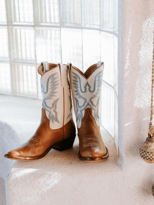 Almond-Toe Classic Western Embroidery Wide Mid Calf Cowgirl Boots - Contrast Cream And Brown