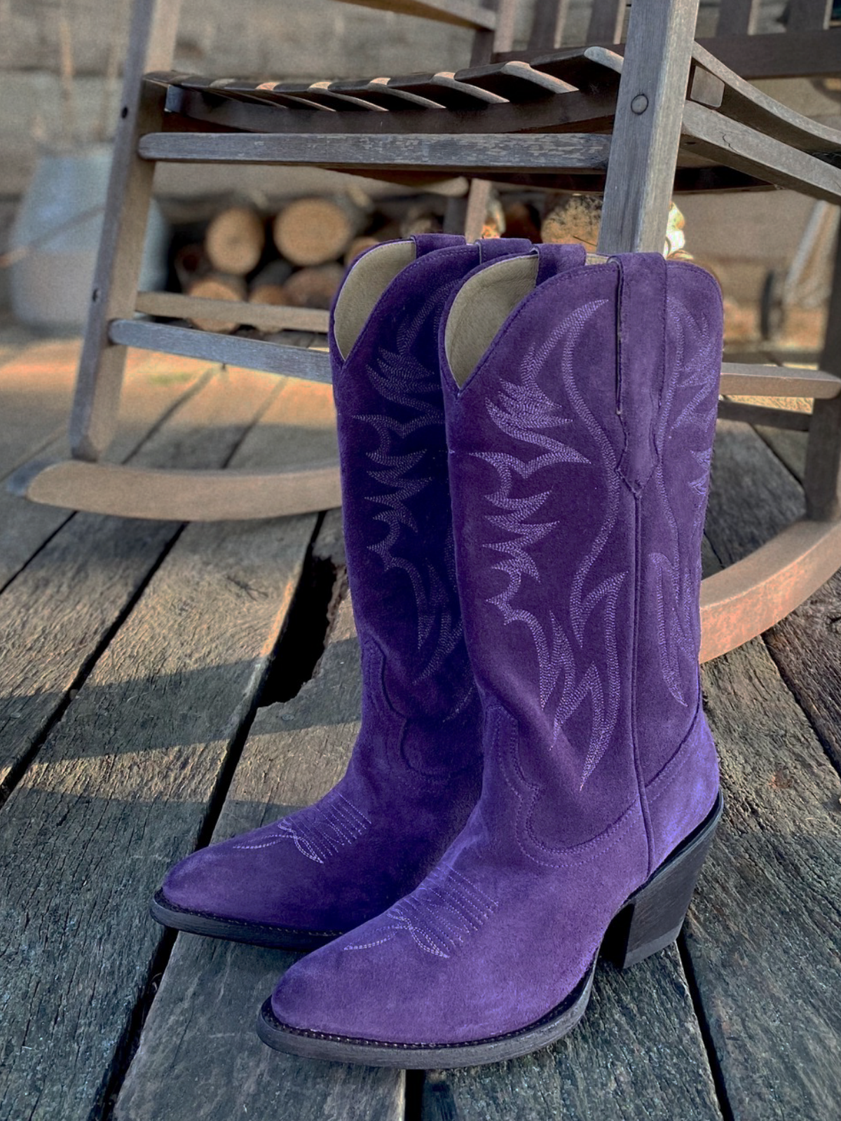 Faux Suede Wings Embroidery Pointed-Toe Wide Mid Calf Tall Cowgirl Boots - Purple