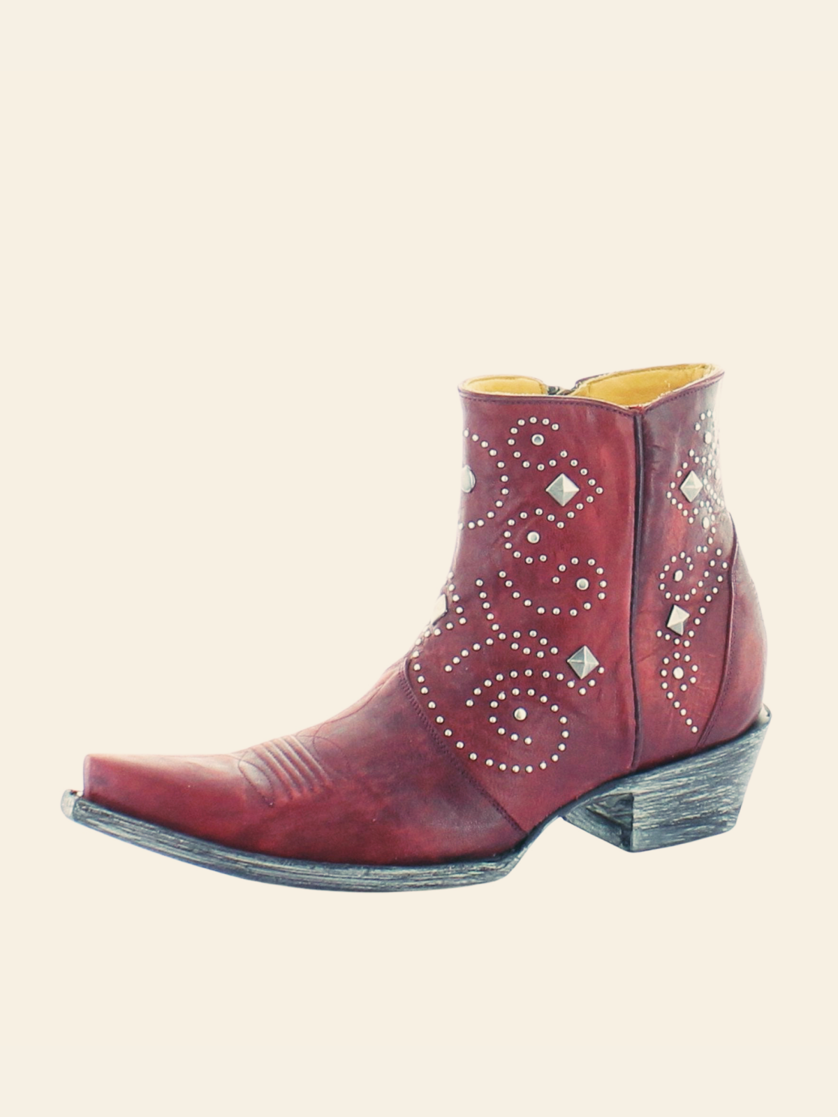 Red Snip-Toe Studded Full-Zip Short Mid Calf Cowgirl Boots