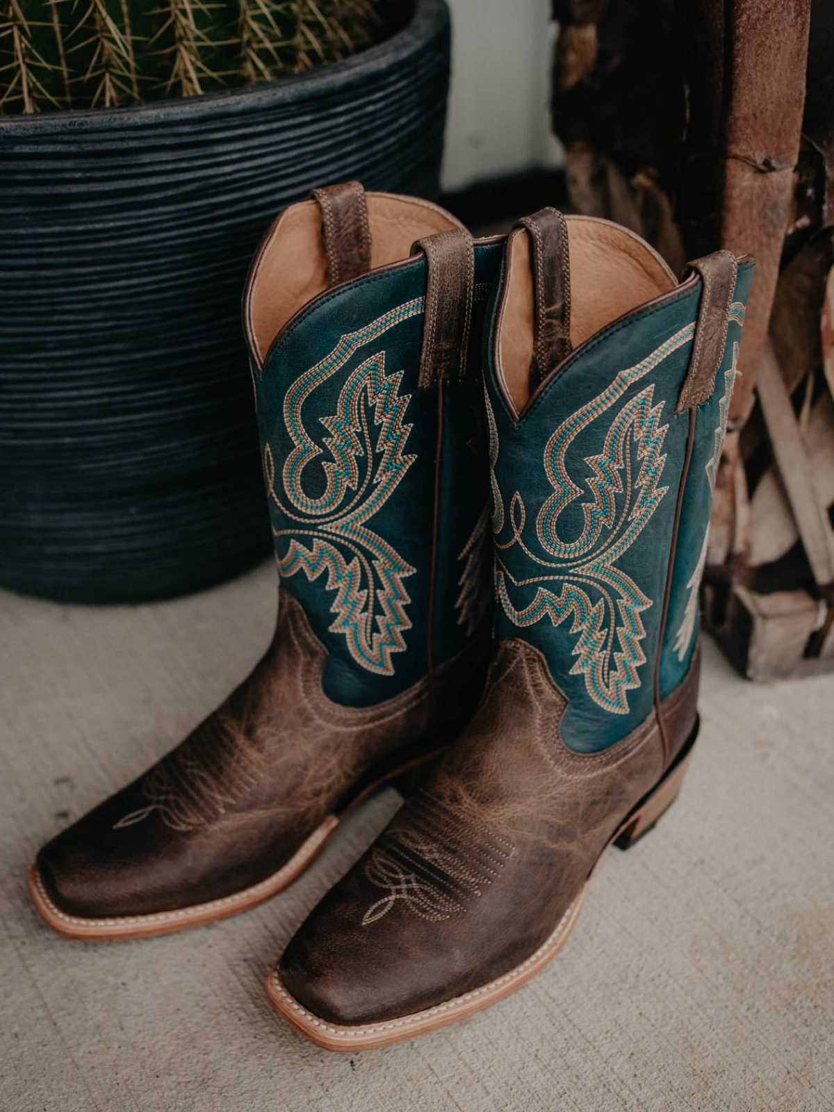 Contrast Brown And Blue Square-Toe Embroidery Wide Mid Calf Cowgirl Boots